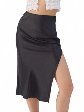 Urban Outfitters Edy Satin Slit Midi Skirt-With Slit, Black, Size XS